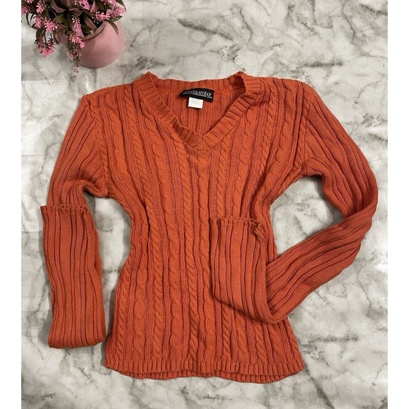 Vintage Absolutely Creative Worldwide 100% COTTON V-Neck Orange Knit Sweater M - Picture 1 of 6